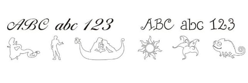 ディズニー ラプンツェルのリング内側に入れられるオリジナル文字書体と絵文字のサンプル一覧