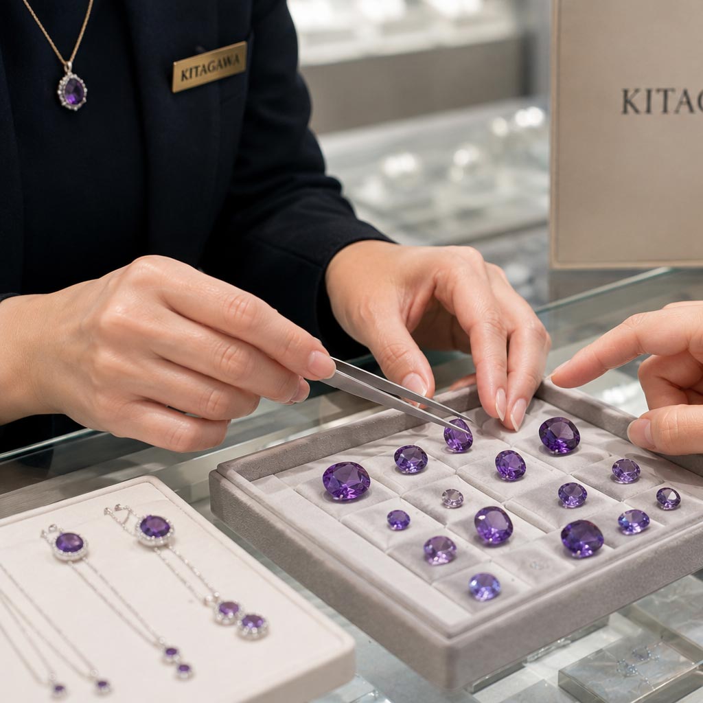 KITAGAWAの店内でアメジストの紫の色みを見比べる様子