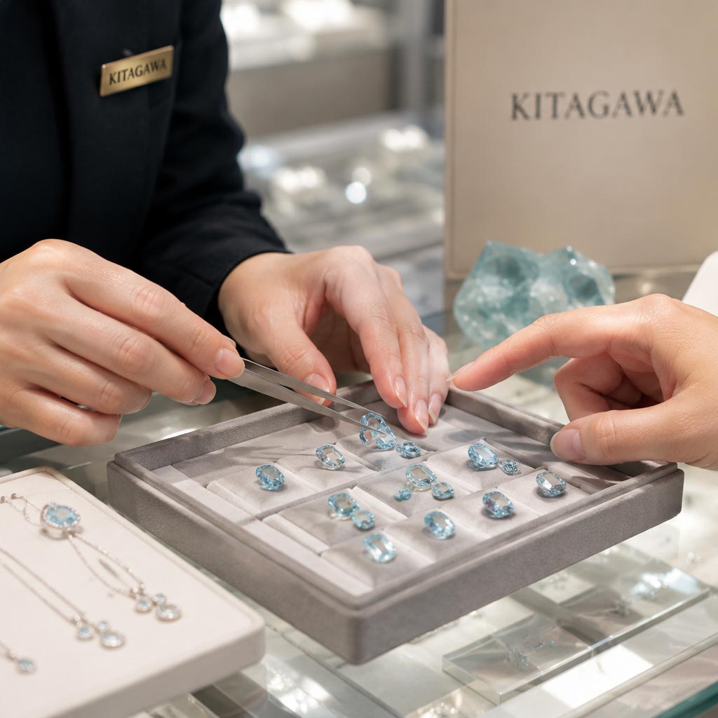 KITAGAWAの店内でアクアマリンの青の透明感を見比べる様子