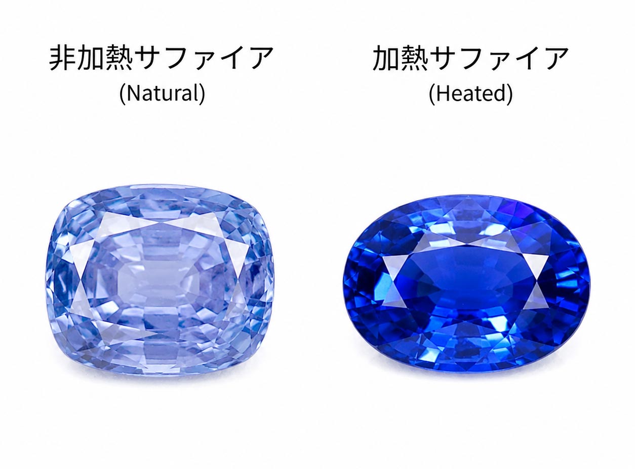 加熱・非加熱のサファイアを見比べるイメージ